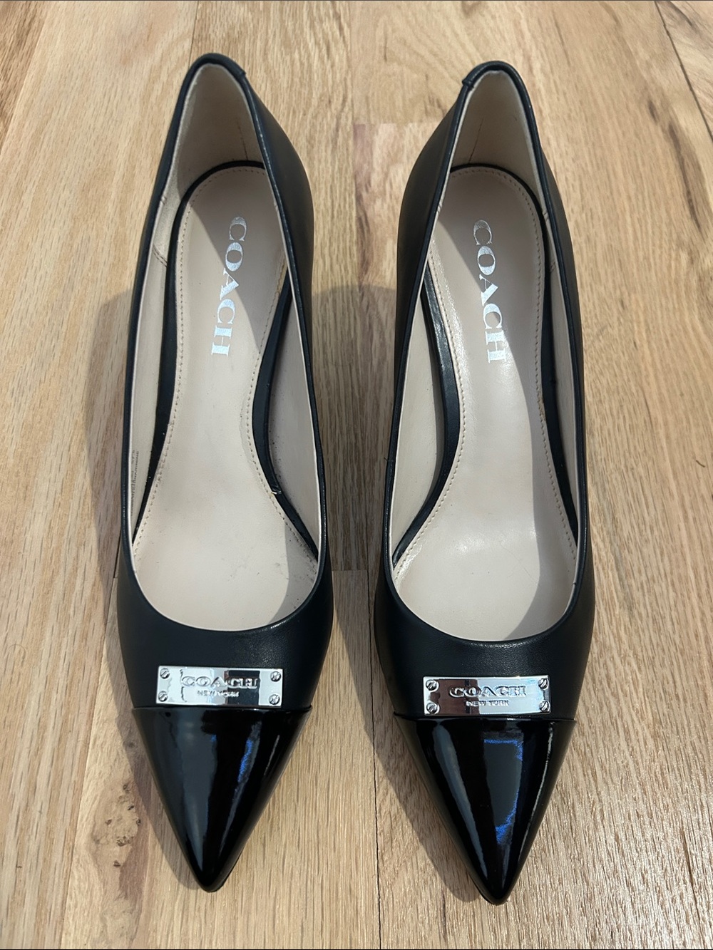 Coach Black Pointed-Toe Leather Pumps with Patent Cap